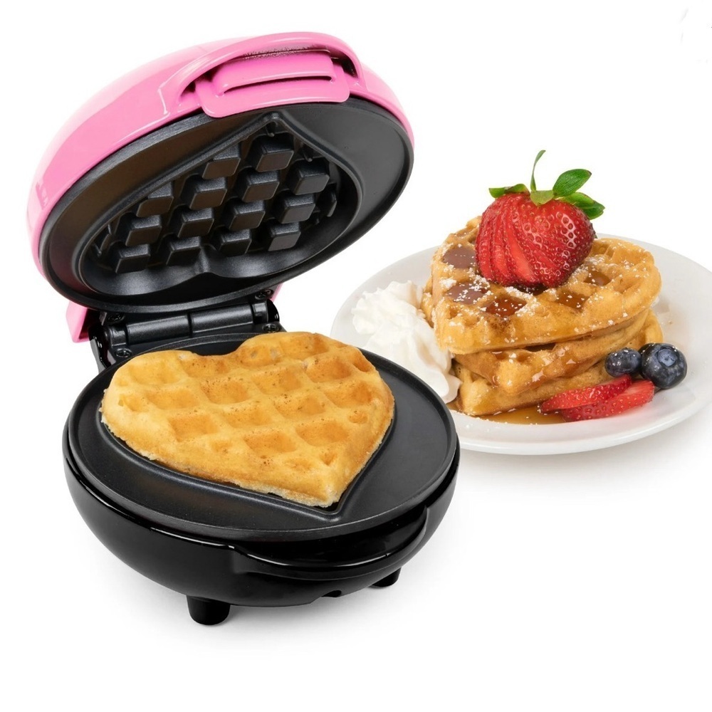 New Nostalgia Mini Electric Heart Waffle Maker, Red with Spatula Set